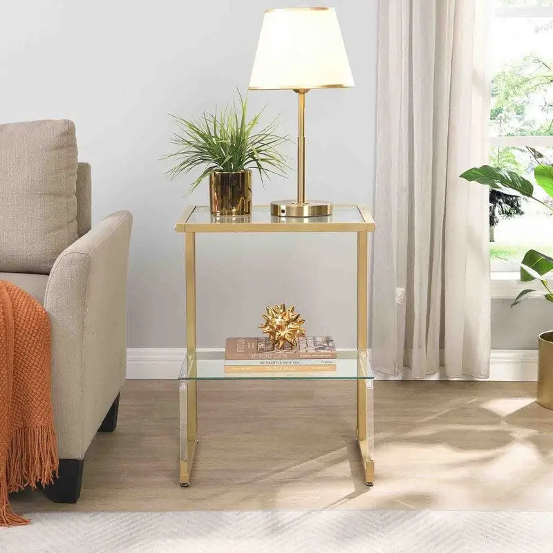 Contemporary 2-Tier End Table with Tempered Glass Shelves and Metal Frame
