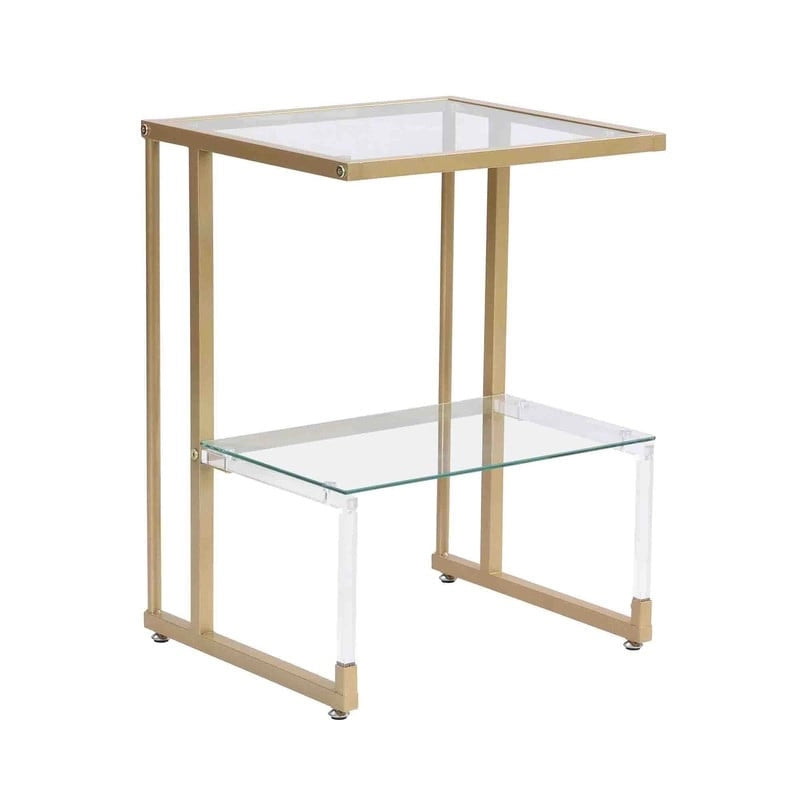 Contemporary 2-Tier End Table with Tempered Glass Shelves and Metal Frame