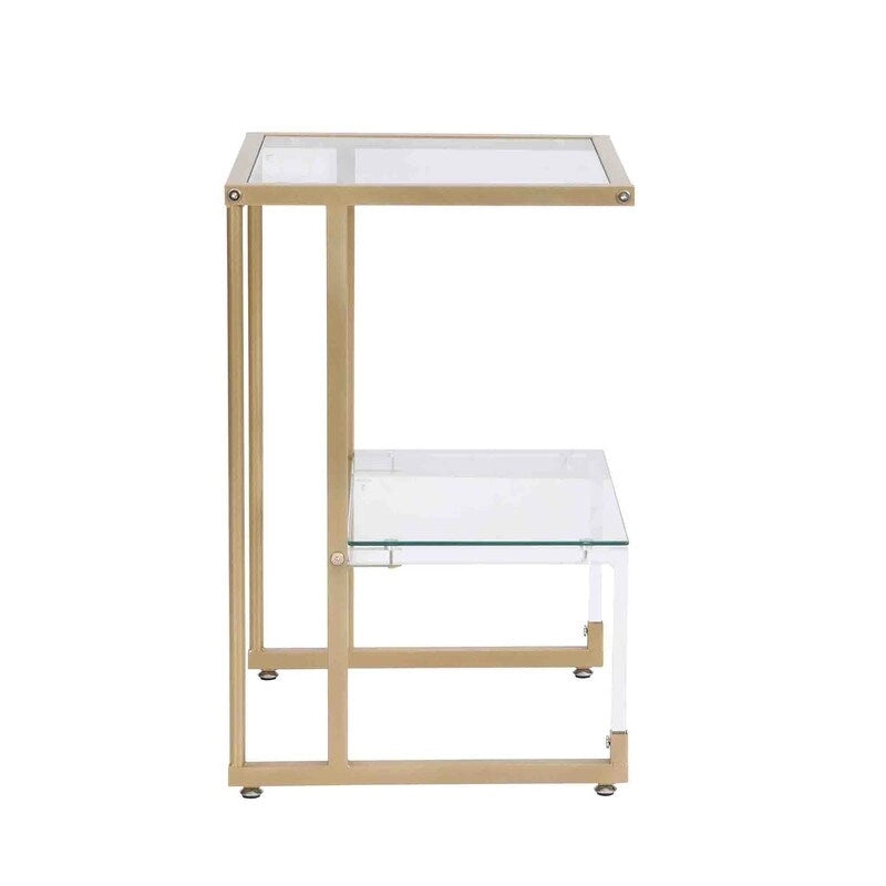 Contemporary 2-Tier End Table with Tempered Glass Shelves and Metal Frame