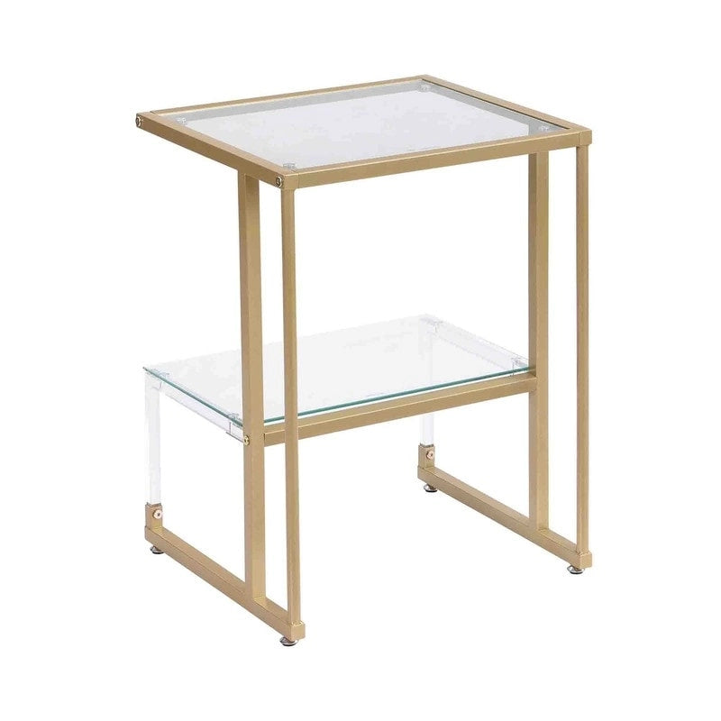 Contemporary 2-Tier End Table with Tempered Glass Shelves and Metal Frame