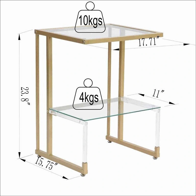 Contemporary 2-Tier End Table with Tempered Glass Shelves and Metal Frame