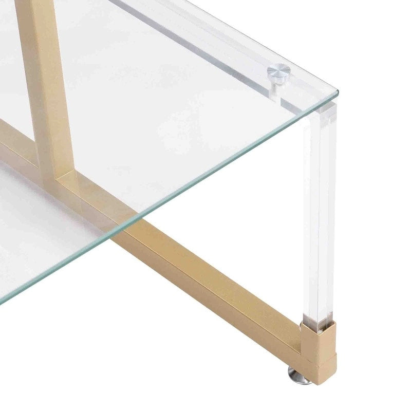 Contemporary 2-Tier End Table with Tempered Glass Shelves and Metal Frame