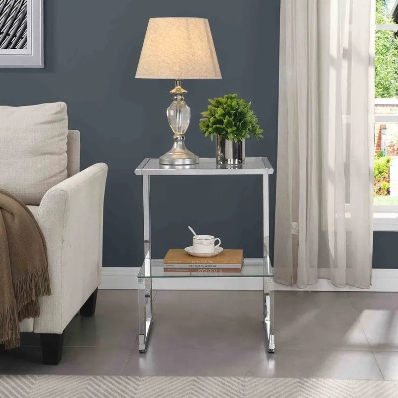 Contemporary 2-Tier End Table with Tempered Glass Shelves and Metal Frame