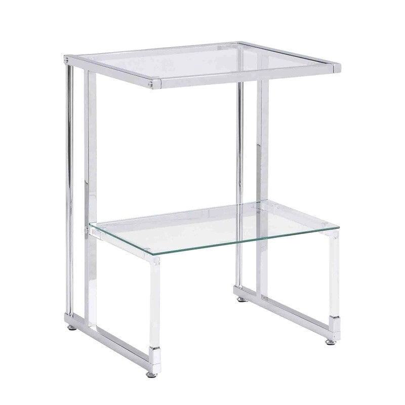 Contemporary 2-Tier End Table with Tempered Glass Shelves and Metal Frame