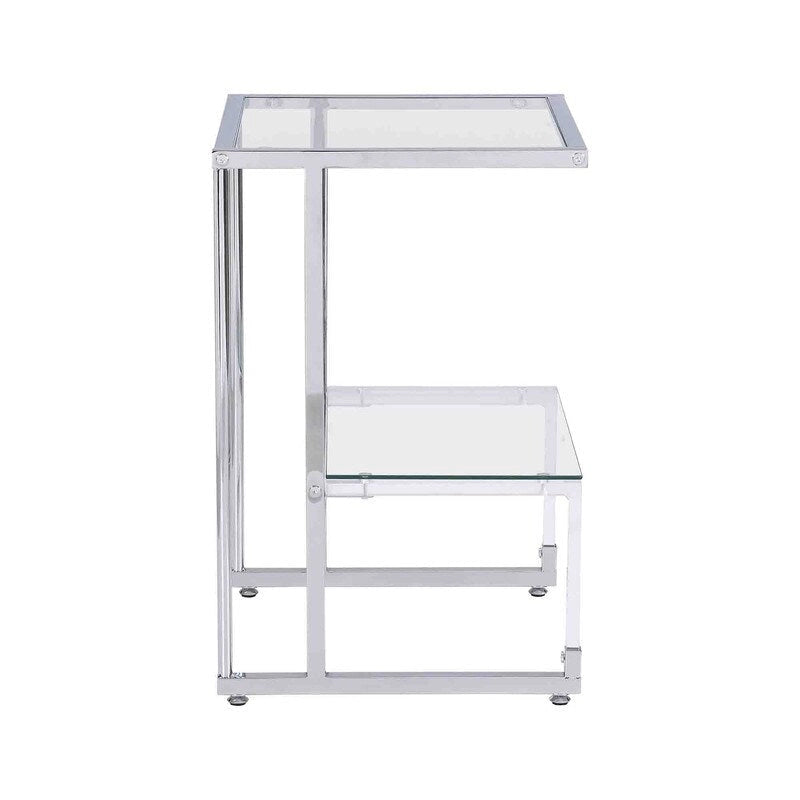 Contemporary 2-Tier End Table with Tempered Glass Shelves and Metal Frame