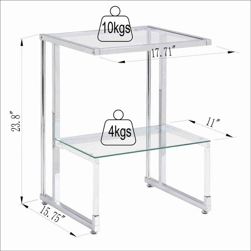 Contemporary 2-Tier End Table with Tempered Glass Shelves and Metal Frame