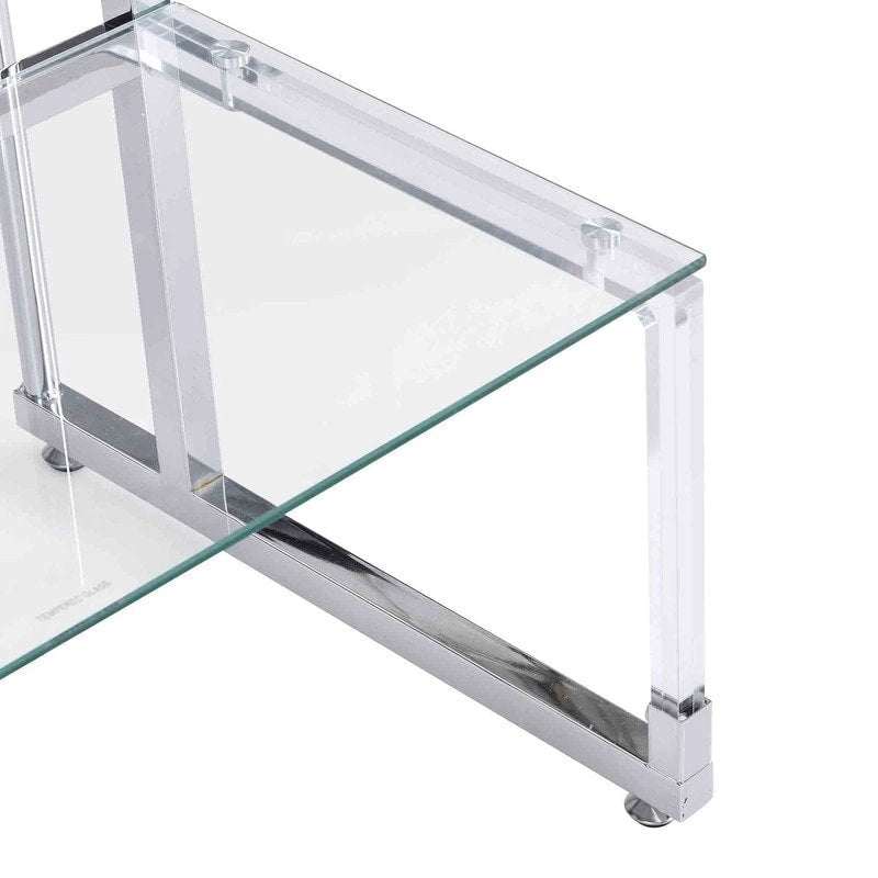 Contemporary 2-Tier End Table with Tempered Glass Shelves and Metal Frame