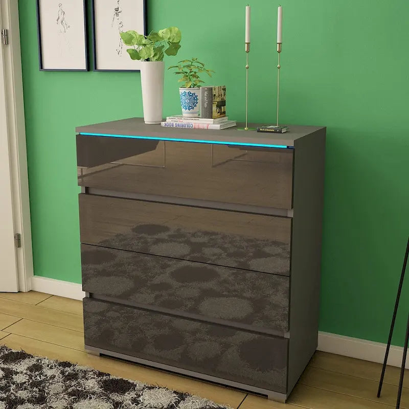 Modern Glossy 4-Drawer Dresser with 19-Color LED Lighting
