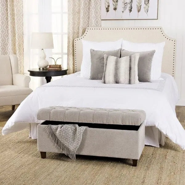 Grey Tufted Storage Bench with Dark Walnut Legs, Seats 1