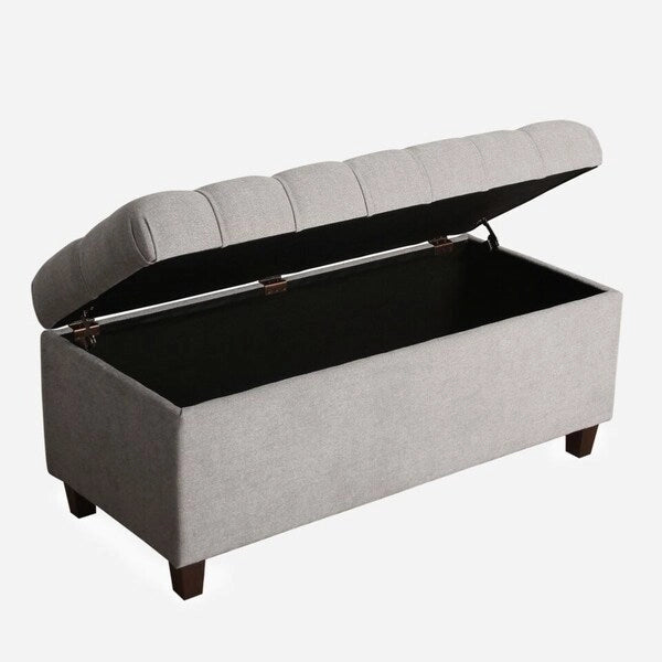 Grey Tufted Storage Bench with Dark Walnut Legs, Seats 1