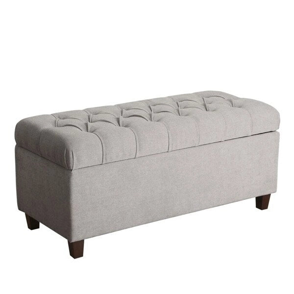 Grey Tufted Storage Bench with Dark Walnut Legs, Seats 1