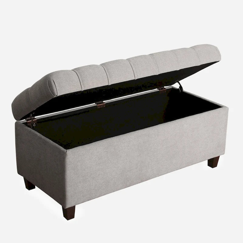 Grey Tufted Storage Bench with Dark Walnut Legs, Seats 1