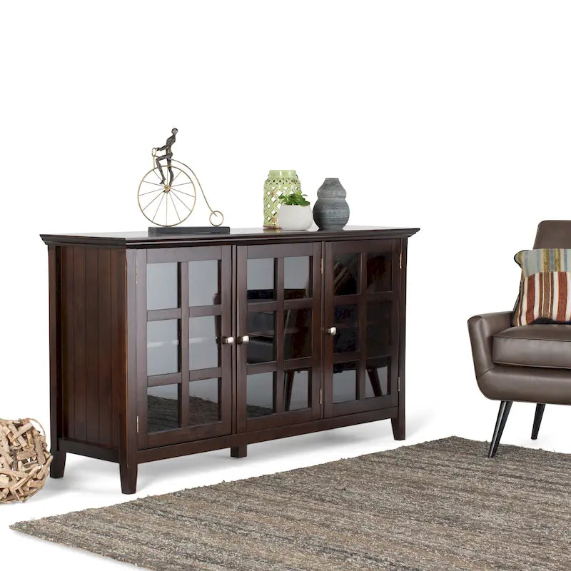 62" Wide Solid Wood Transitional Storage Cabinet with Tempered Glass Doors