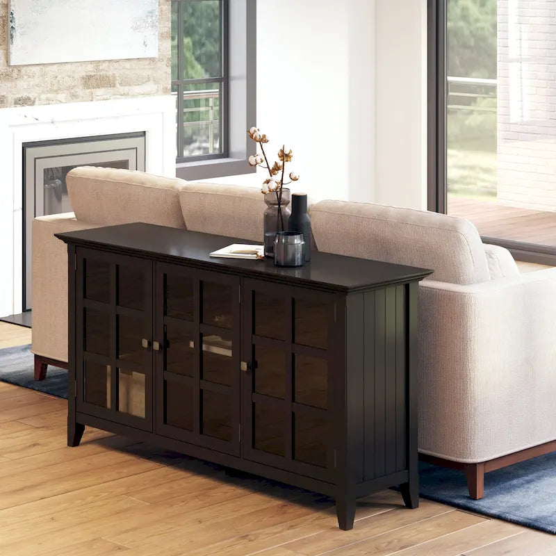 62" Wide Solid Wood Transitional Storage Cabinet with Tempered Glass Doors