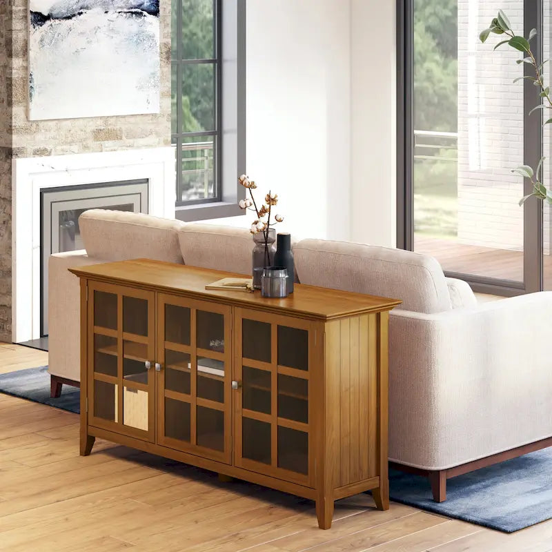 62" Wide Solid Wood Transitional Storage Cabinet with Tempered Glass Doors