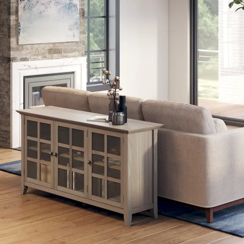 62" Wide Solid Wood Transitional Storage Cabinet with Tempered Glass Doors