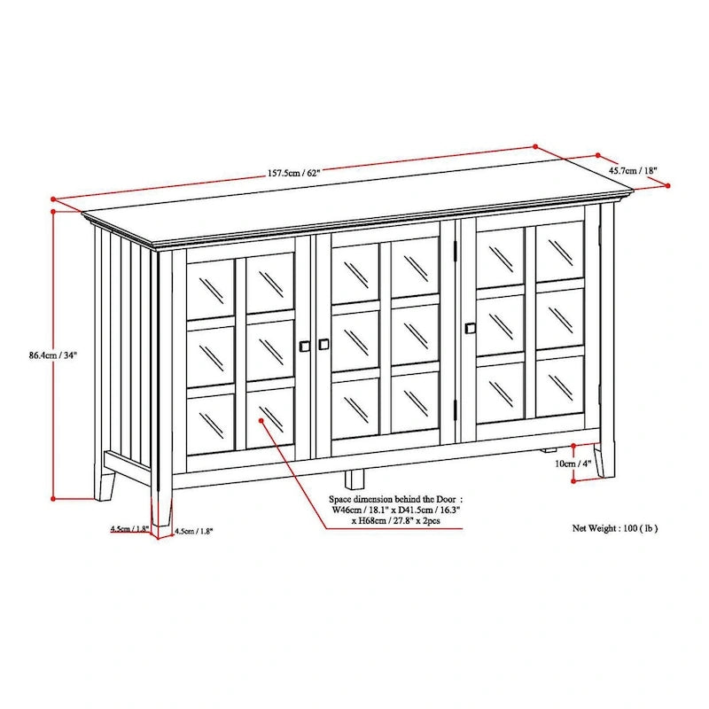 62" Wide Solid Wood Transitional Storage Cabinet with Tempered Glass Doors