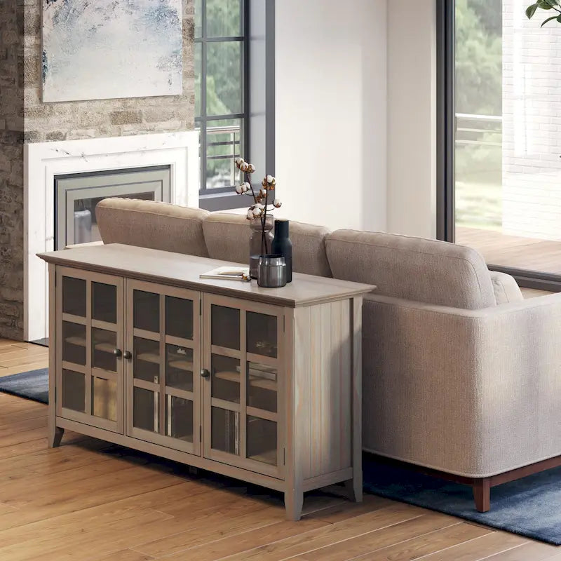 62" Wide Solid Wood Transitional Storage Cabinet with Tempered Glass Doors