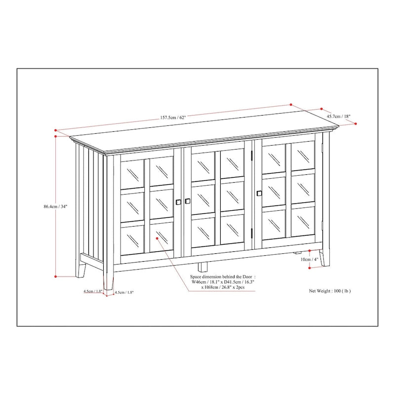 62" Wide Solid Wood Transitional Storage Cabinet with Tempered Glass Doors
