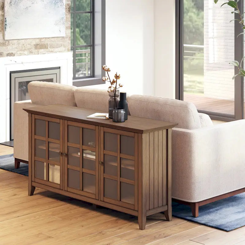 62" Wide Solid Wood Transitional Storage Cabinet with Tempered Glass Doors