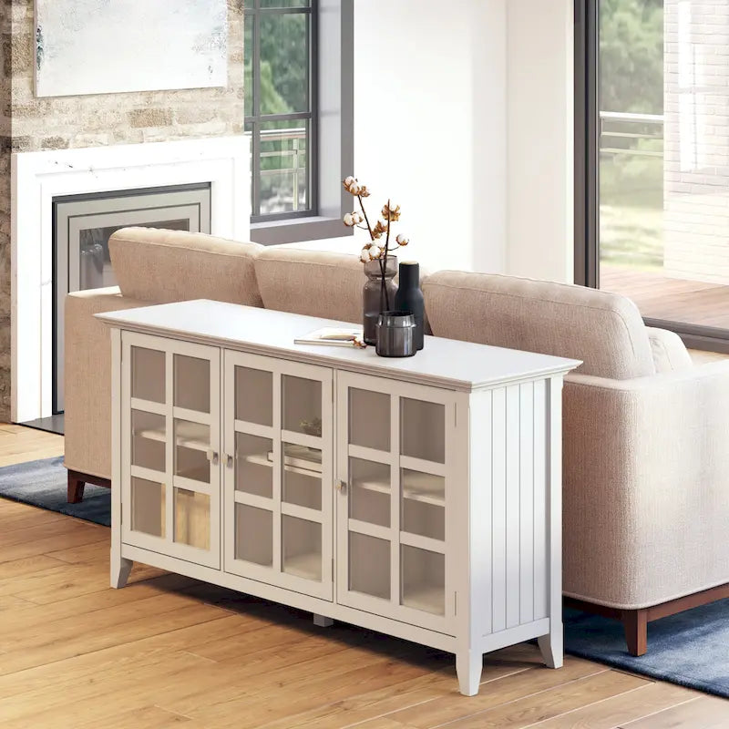 62" Wide Solid Wood Transitional Storage Cabinet with Tempered Glass Doors