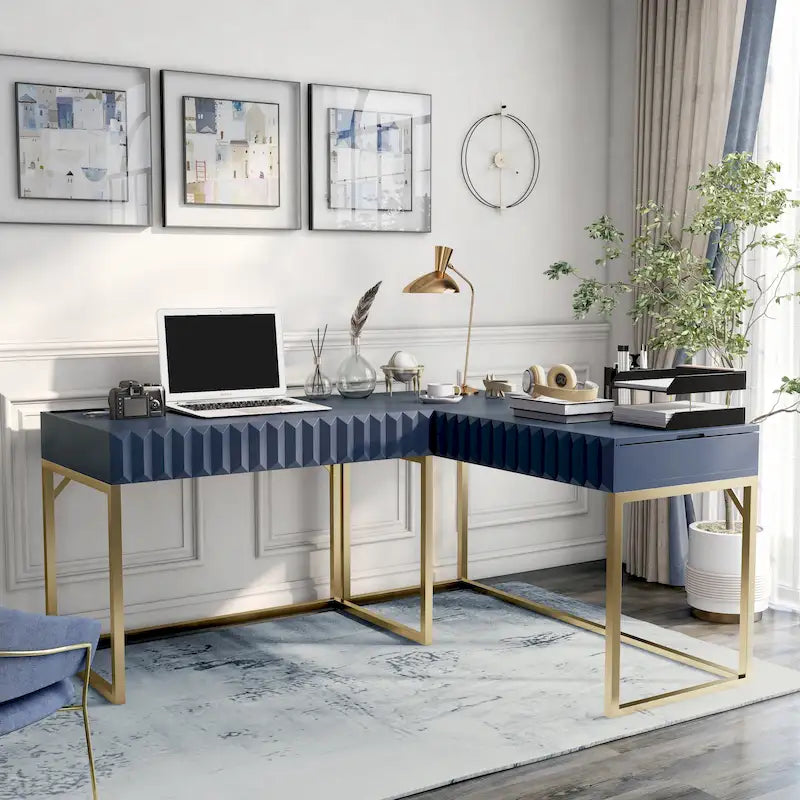 Glam Metal Lift-Top L-Shaped Computer Desk with USB Ports & Outlets