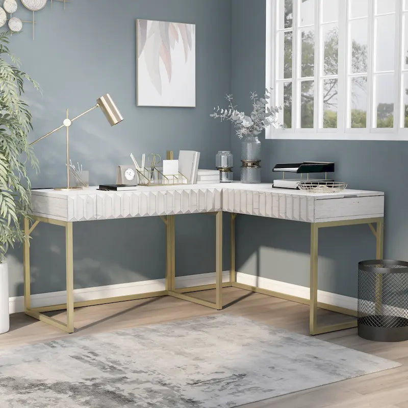 Glam Metal Lift-Top L-Shaped Computer Desk with USB Ports & Outlets