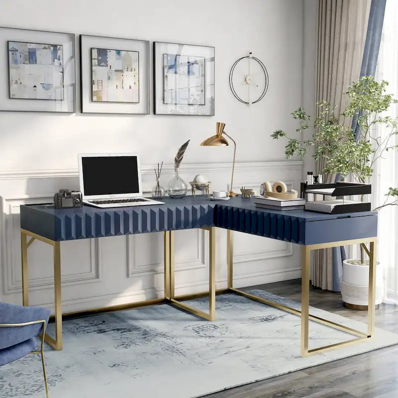 Glam Metal Lift-Top L-Shaped Computer Desk with USB Ports & Outlets