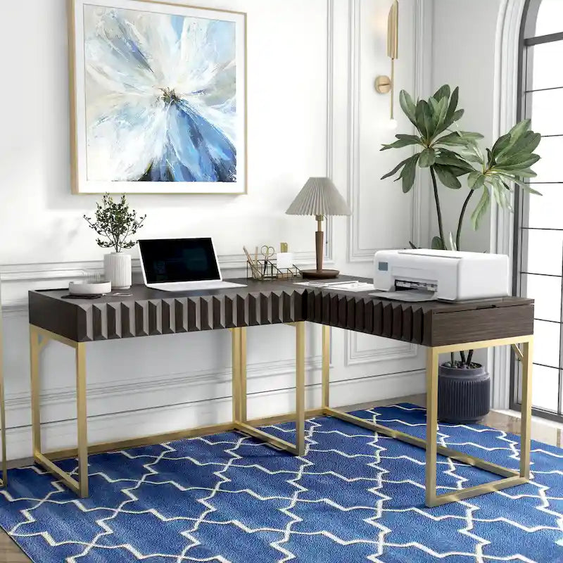 Glam Metal Lift-Top L-Shaped Computer Desk with USB Ports & Outlets
