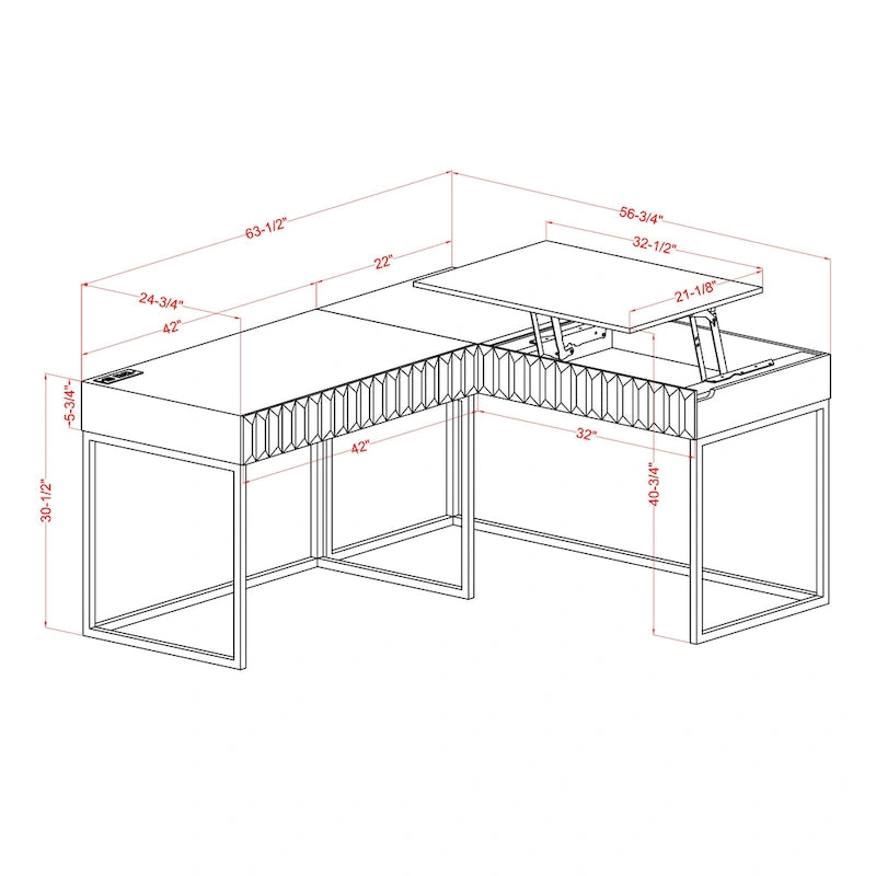 Glam Metal Lift-Top L-Shaped Computer Desk with USB Ports & Outlets