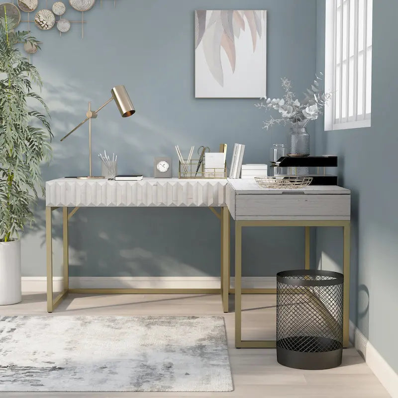 Glam Metal Lift-Top L-Shaped Computer Desk with USB Ports & Outlets