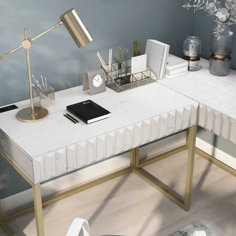Glam Metal Lift-Top L-Shaped Computer Desk with USB Ports & Outlets