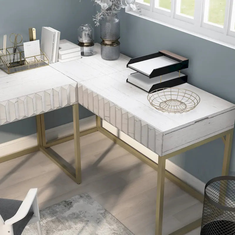 Glam Metal Lift-Top L-Shaped Computer Desk with USB Ports & Outlets