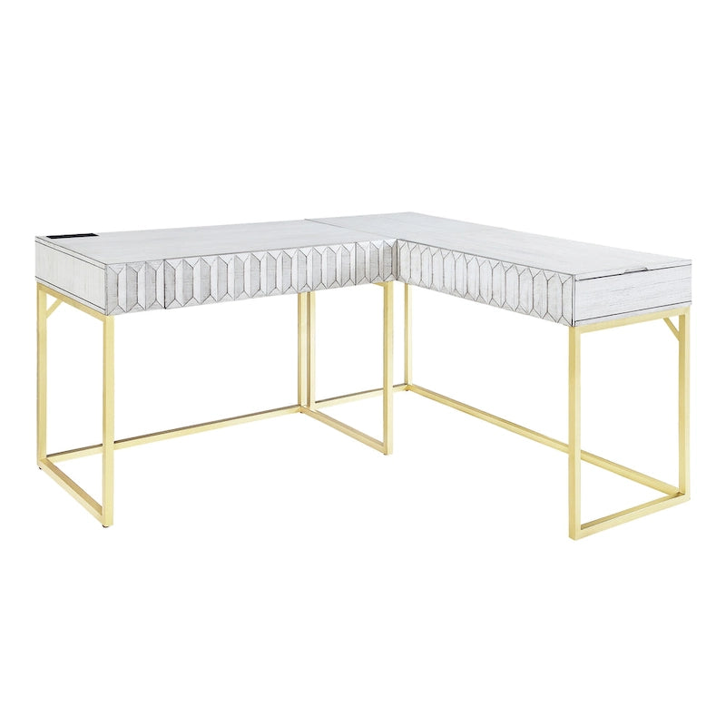 Glam Metal Lift-Top L-Shaped Computer Desk with USB Ports & Outlets