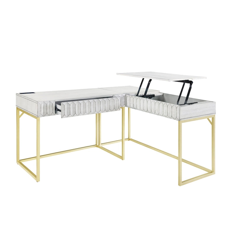 Glam Metal Lift-Top L-Shaped Computer Desk with USB Ports & Outlets