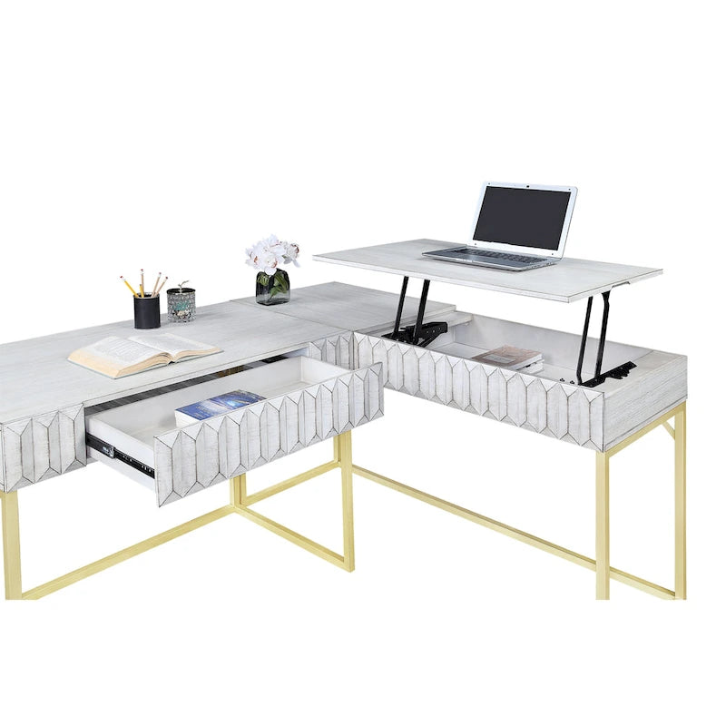 Glam Metal Lift-Top L-Shaped Computer Desk with USB Ports & Outlets