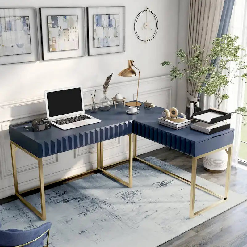Glam Metal Lift-Top L-Shaped Computer Desk with USB Ports & Outlets