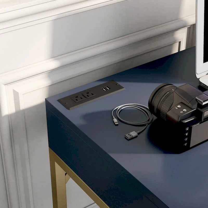 Glam Metal Lift-Top L-Shaped Computer Desk with USB Ports & Outlets