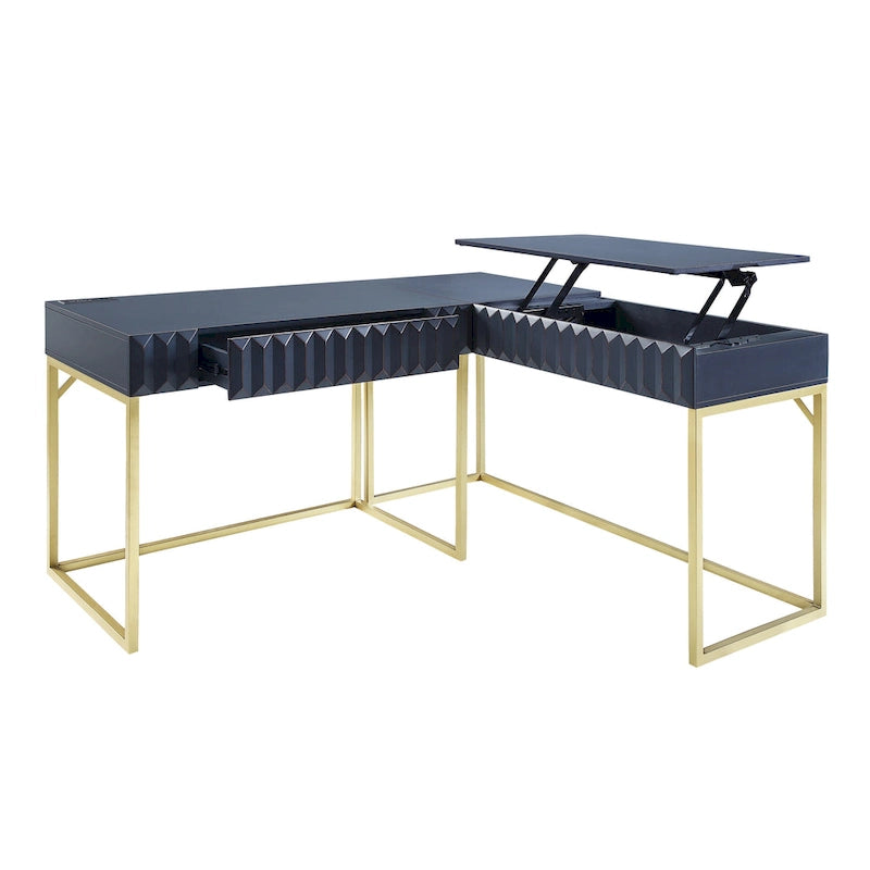 Glam Metal Lift-Top L-Shaped Computer Desk with USB Ports & Outlets