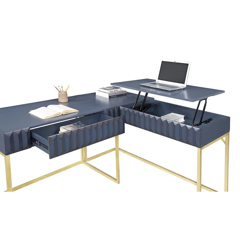Glam Metal Lift-Top L-Shaped Computer Desk with USB Ports & Outlets