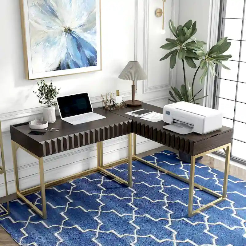 Glam Metal Lift-Top L-Shaped Computer Desk with USB Ports & Outlets