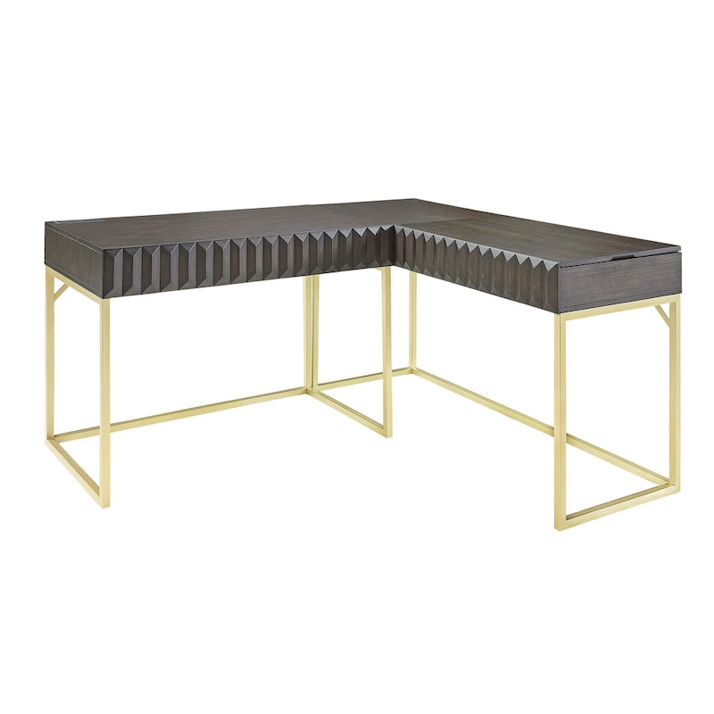 Glam Metal Lift-Top L-Shaped Computer Desk with USB Ports & Outlets