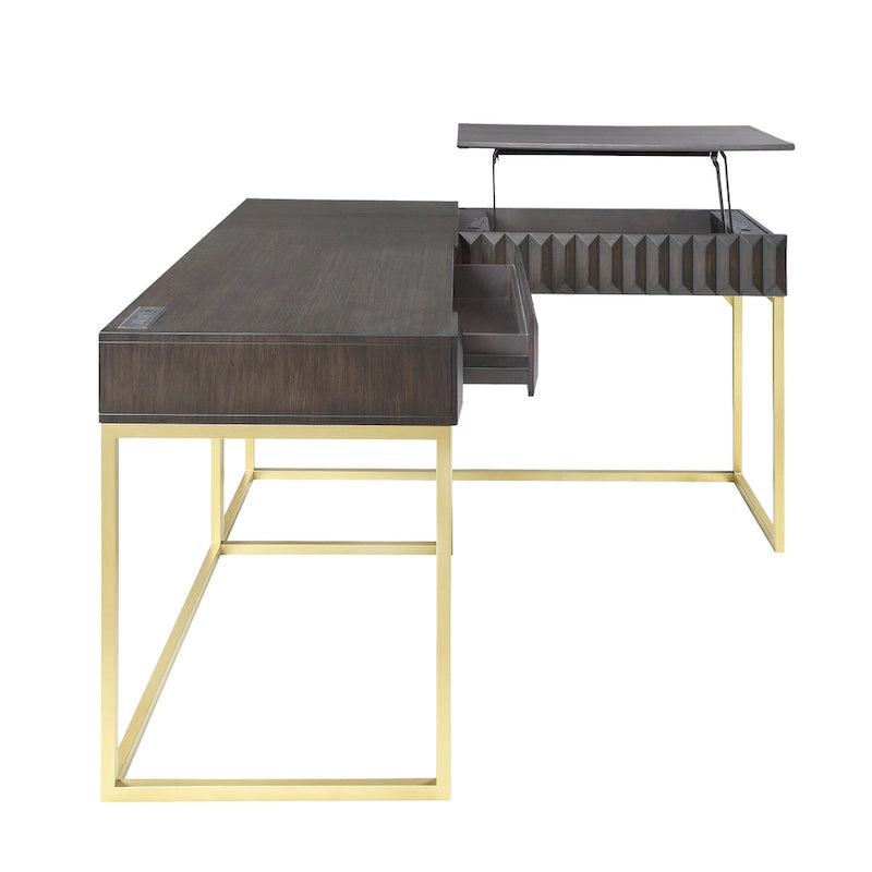 Glam Metal Lift-Top L-Shaped Computer Desk with USB Ports & Outlets