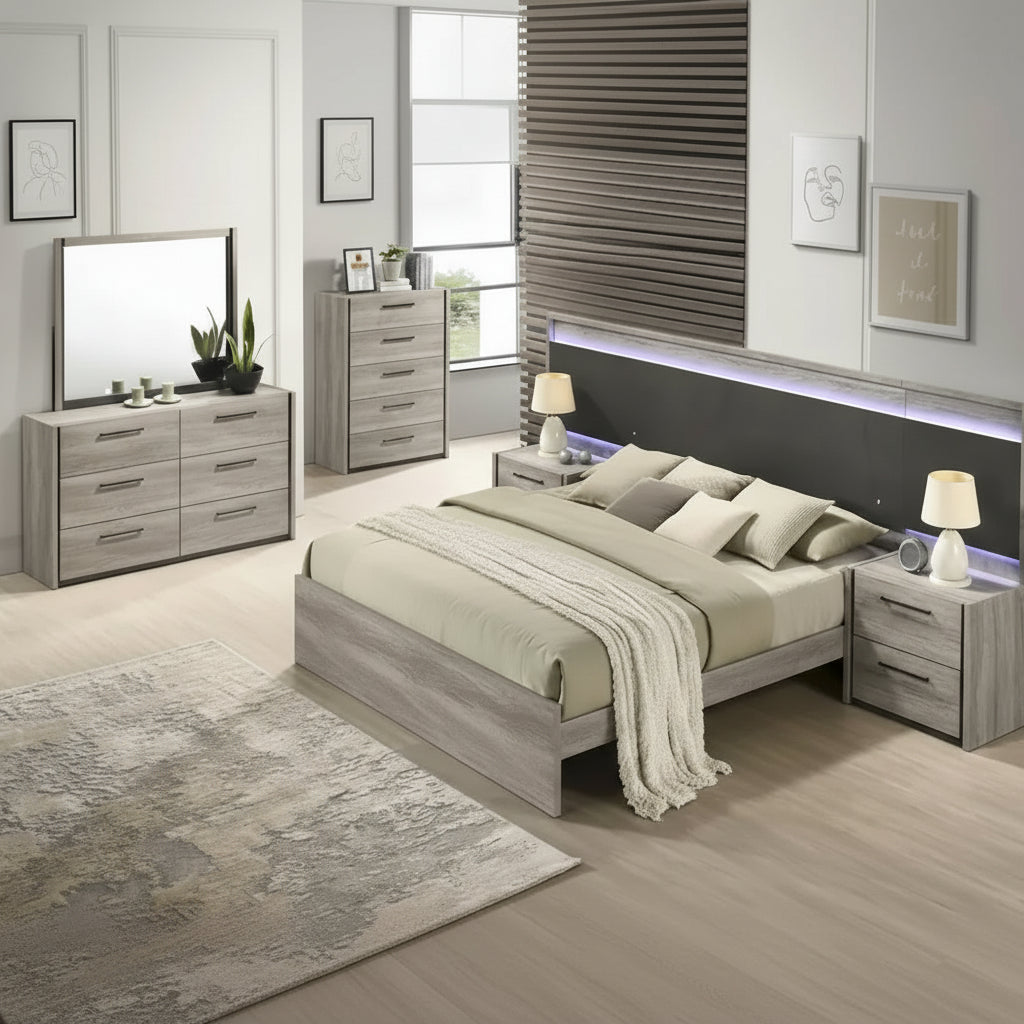 Roundhill Furniture Lenca LED Wallbed with Nightstands, Dresser, Mirror, and Chest - Weathered Gray
