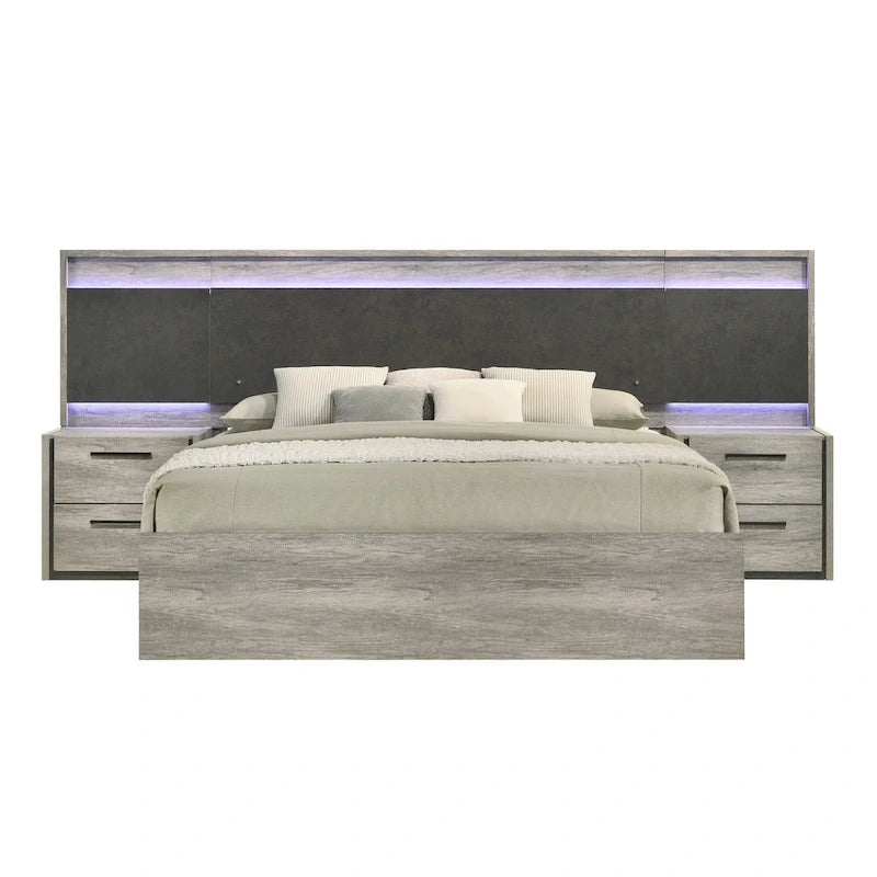LED Wallbed Bedroom Set with Nightstands, Dresser, Mirror and Chest - Weathered Gray