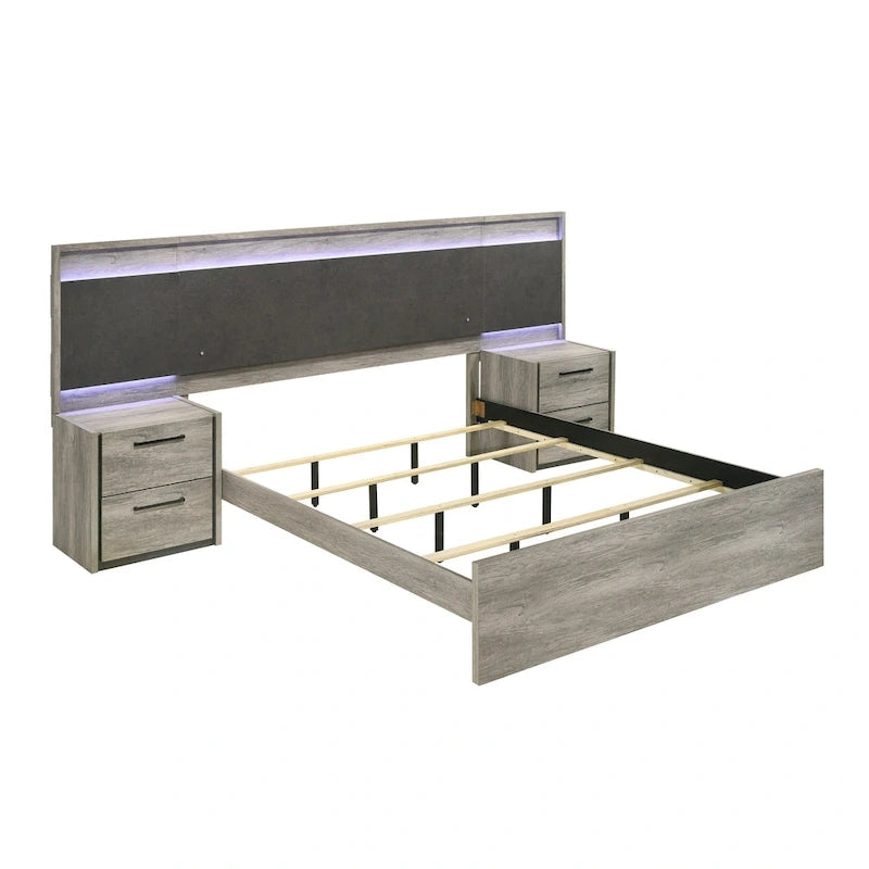 LED Wallbed Bedroom Set with Nightstands, Dresser, Mirror and Chest - Weathered Gray