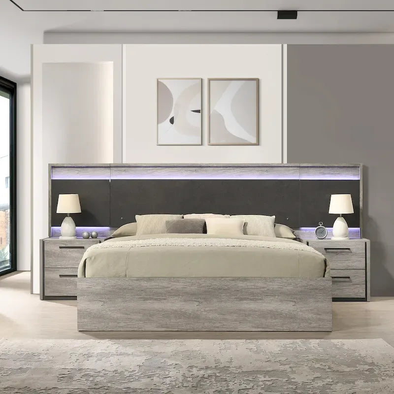 LED Wallbed Bedroom Set with Nightstands, Dresser, Mirror and Chest - Weathered Gray