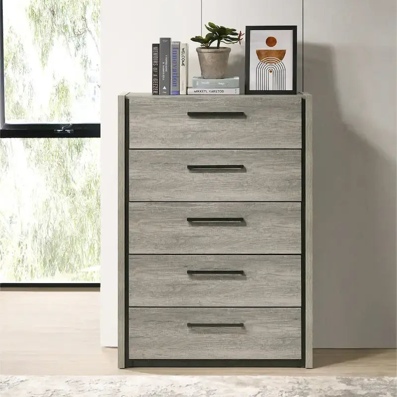 LED Wallbed Bedroom Set with Nightstands, Dresser, Mirror and Chest - Weathered Gray