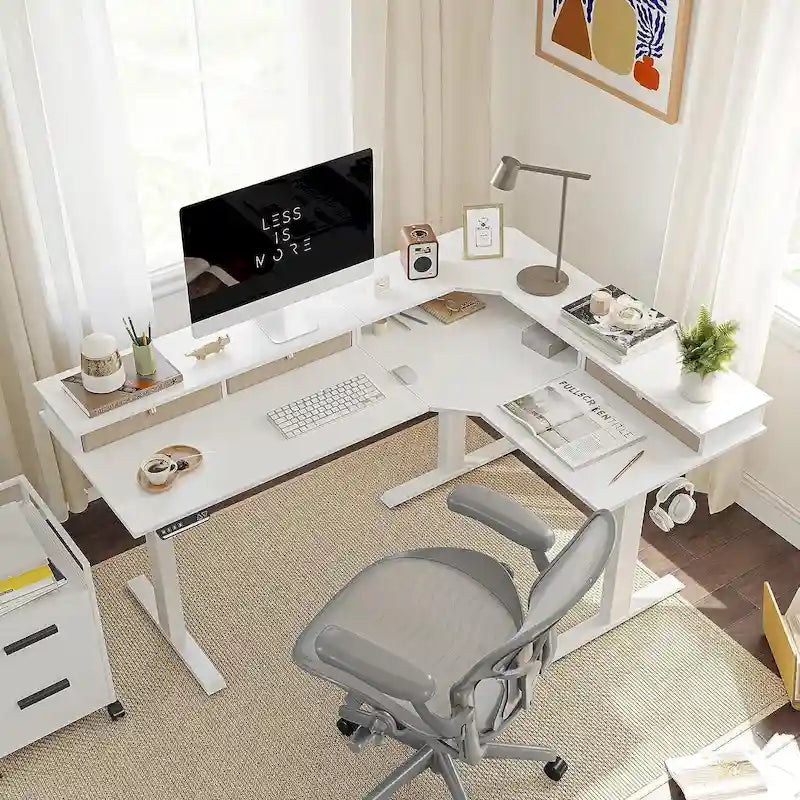 L-Shaped Electric Standing Desk with 3 Motors, Drawers & Lockable Casters - 63"