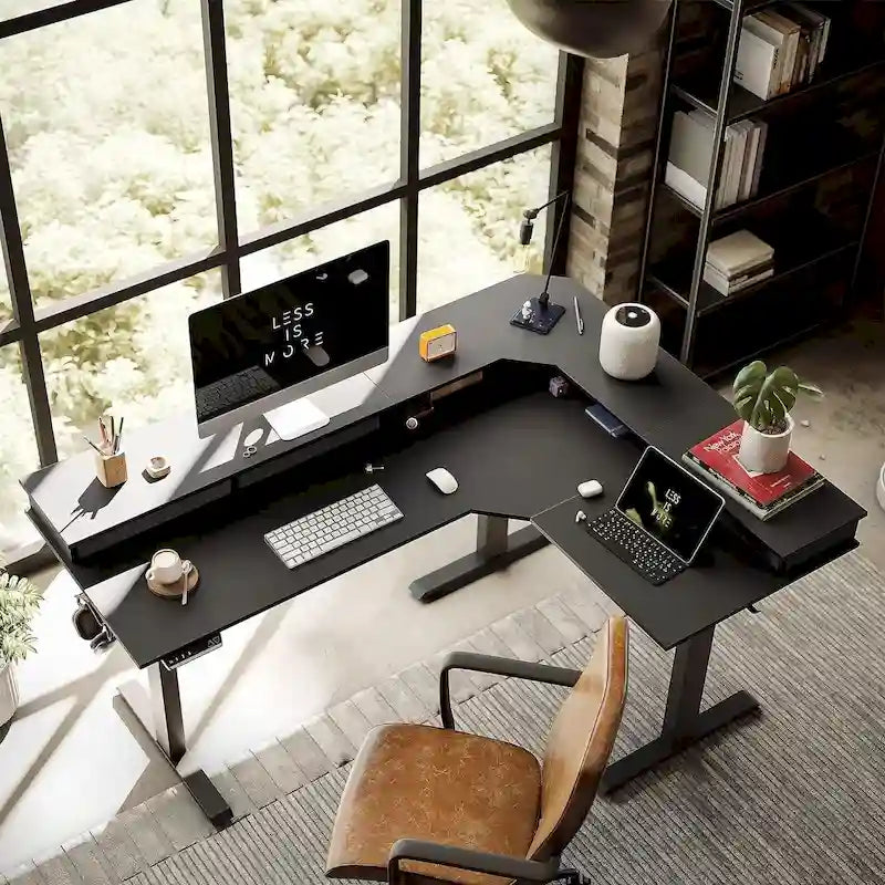 L-Shaped Electric Standing Desk with 3 Motors, Drawers & Lockable Casters - 63"